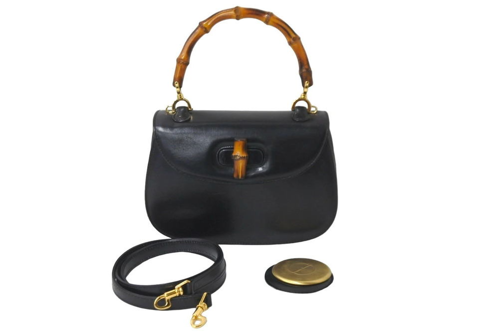 Gucci 2way Shoulder Bag bamboo mirror calfskin black gold